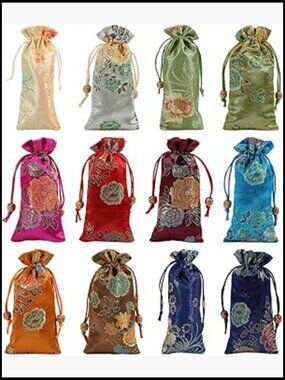 12 Silk Brocade Drawstring Pouch Set Gift Bags Jewelry Travel Organizer